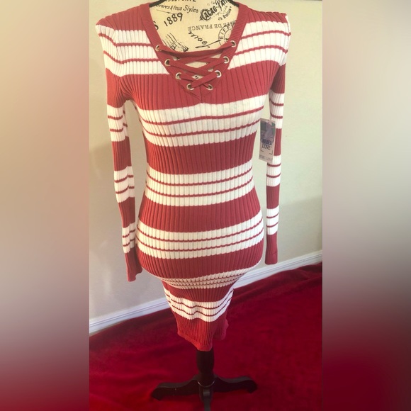 Dresses & Skirts - Candy Striped Sweater Dress, reddish and white knit